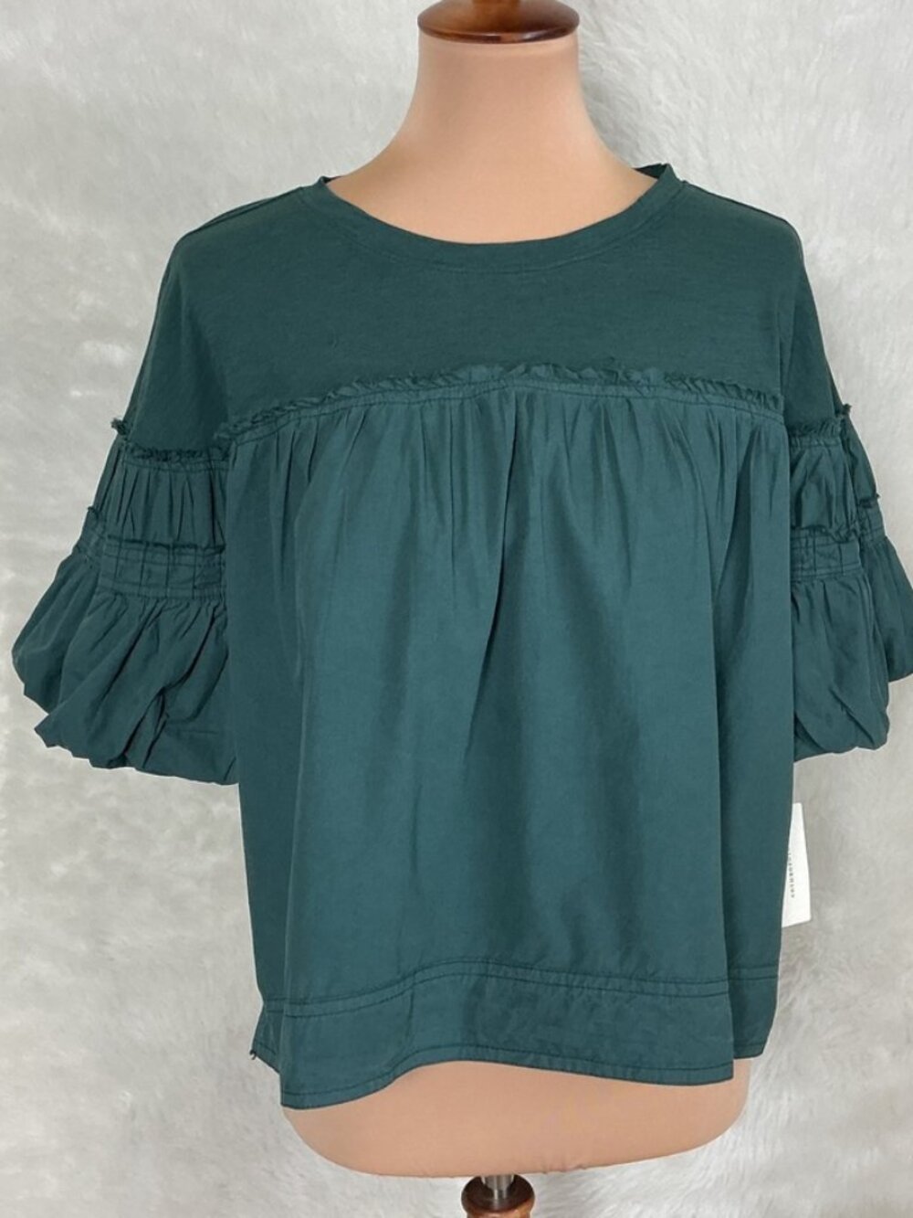 Pilcro Anthropologie Dark Forest Green Reworked Ruffle Sleeve Top NWT L